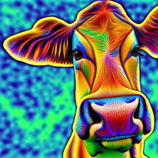 Prompt: deepdream style portrait of a cow