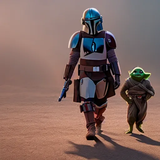 Image similar to neon movie still from mandalorian with angry baby yoda.