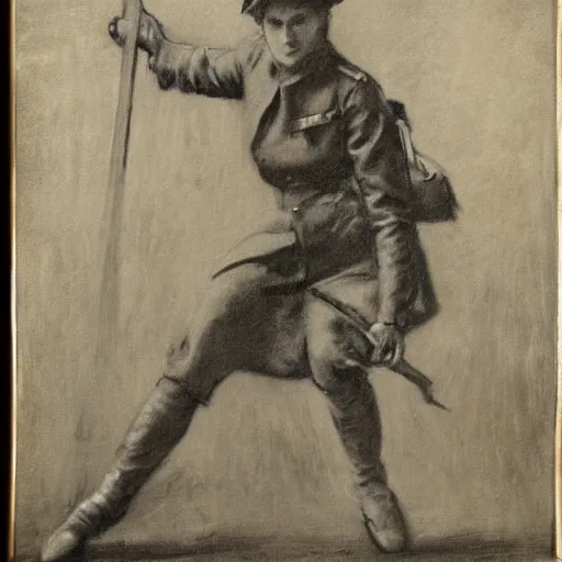 Image similar to ww 1 action heroine by alfred stevens in charcoal