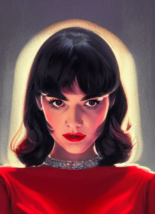 Image similar to portrait of veronica lodge with bangs, 1 9 6 0 s, long hair, red clothes, bangs, intricate, elegant, glowing lights, highly detailed, digital painting, artstation, concept art, smooth, sharp focus, illustration, art by wlop, mars ravelo and greg rutkowski