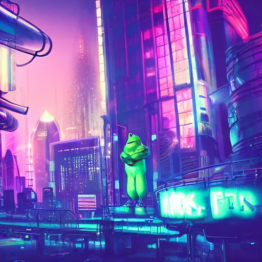 Image similar to Shrek, Cyberpunk, Neon lights, City background, Ultradetailed, Cyborg, Futuristic, Far Future, Sci-fi, 4k