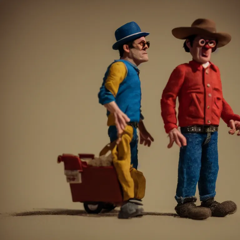 Image similar to a cinematic film still of a claymation stop motion film starring johnny knoxville and steve - o, portrait, shallow depth of field, 8 0 mm, f 1. 8