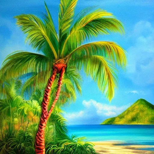 Prompt: a dreamy painting of a tropical island