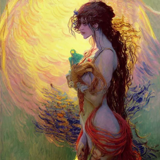 Prompt: Cute Harpy Girl, trending on Pixiv, trending on ArtStation, vibrant gouache painting scenery, highly detailed fantasy character illustration by Wayne Reynolds and Charles Monet and Gustave Dore