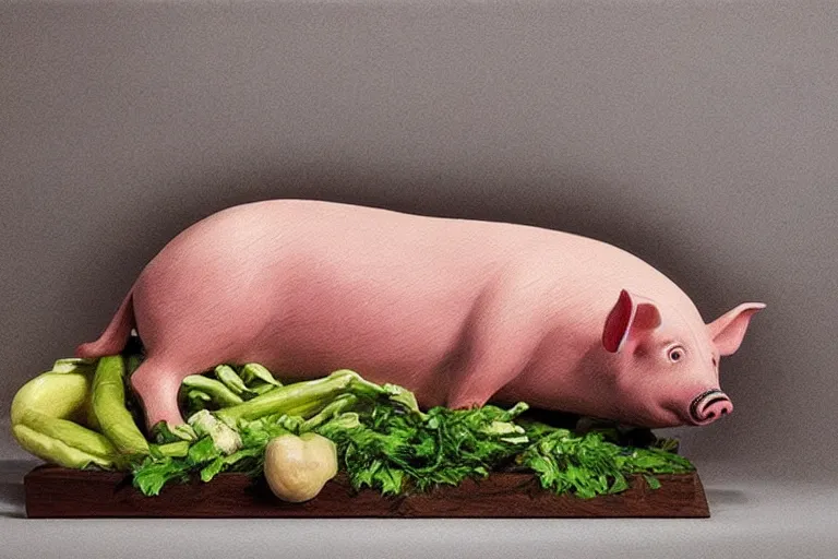 Image similar to a fake pig laying on top of vegetables on a table, a bronze sculpture by jeff a. menges, trending on pinterest, hyperrealism, hyper - realistic, hyper realism, playstation 5 screenshot