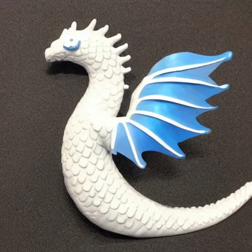 Prompt: white dragon with a blue neck mane, 2 grey horns from a 3/4ths angle