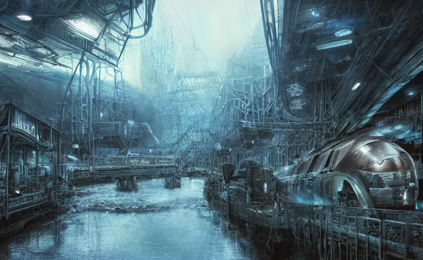 Image similar to An urban train rides inside of a waterway on a fantasy city, hyperrealistic mixed media, stunning 3d render inspired art by P. Craig Russell and Barry Windsor-Smith + perfect facial symmetry + dim volumetric lighting, 8k octane beautifully detailed render, post-processing, extremely hyperdetailed, intricate futuristic mechanic parts, epic composition, grim yet sparkling atmosphere, cinematic lighting + masterpiece, trending on artstation