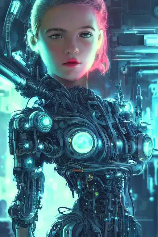 Prompt: Cute cyborg girl, illustrated by Greg Rutkowski and H.R. Giger, 35mm lens, beautiful macro close-up imagery, vibrantly lush neon lighting, beautiful volumetric-lighting-style atmosphere, a futuristic atmosphere, intricate, ultra detailed, photorealistic imagery, trending on artstation, 4k, 8k