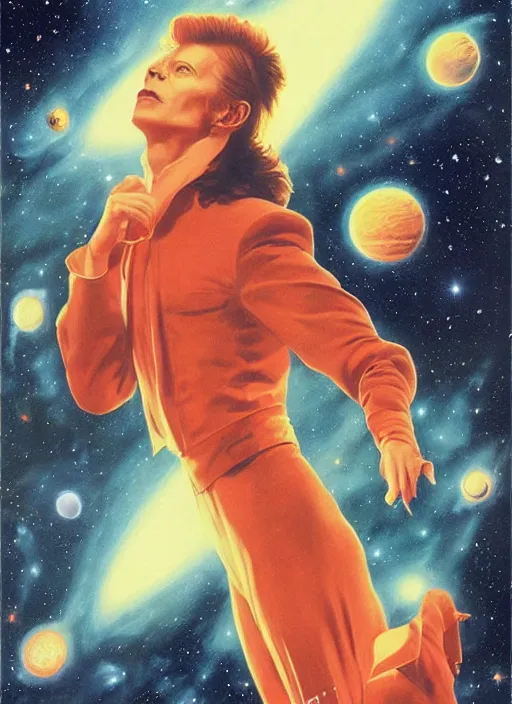 Prompt: david bowie floating through the cosmo outer space, twin peaks poster art, old retro pulp, by michael whelan, rossetti bouguereau, artgerm, nostalgic, old fashioned