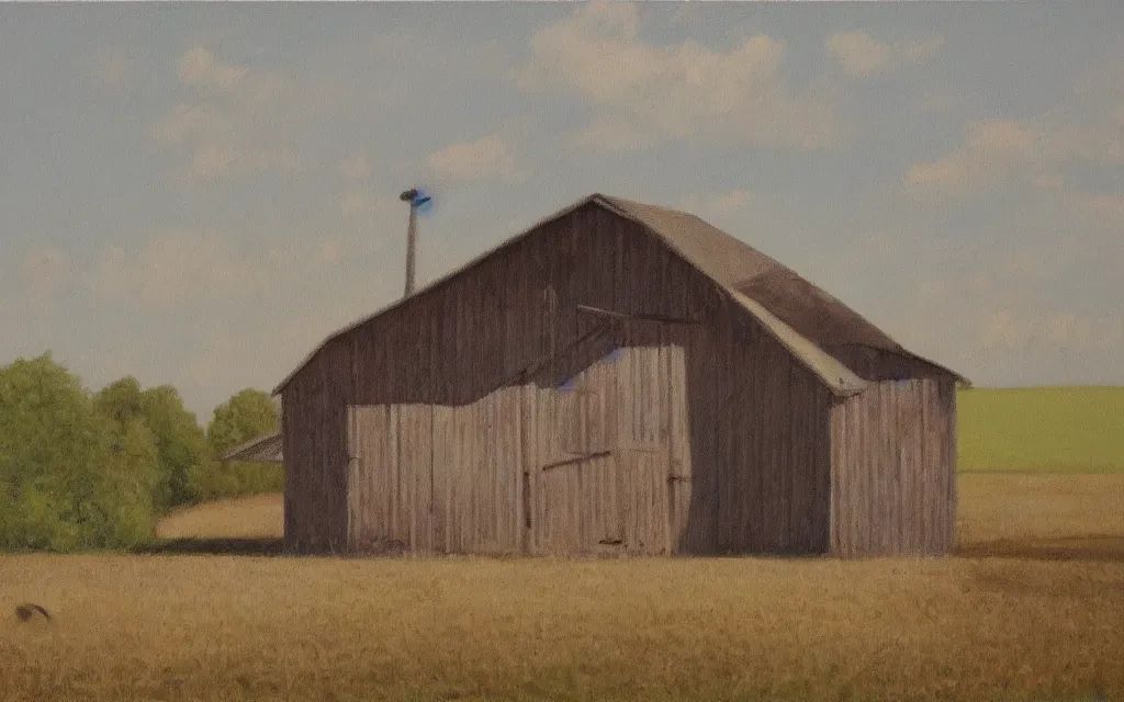 Prompt: a painting of an empty barn in summer, by peteris kalve, oil on canvas