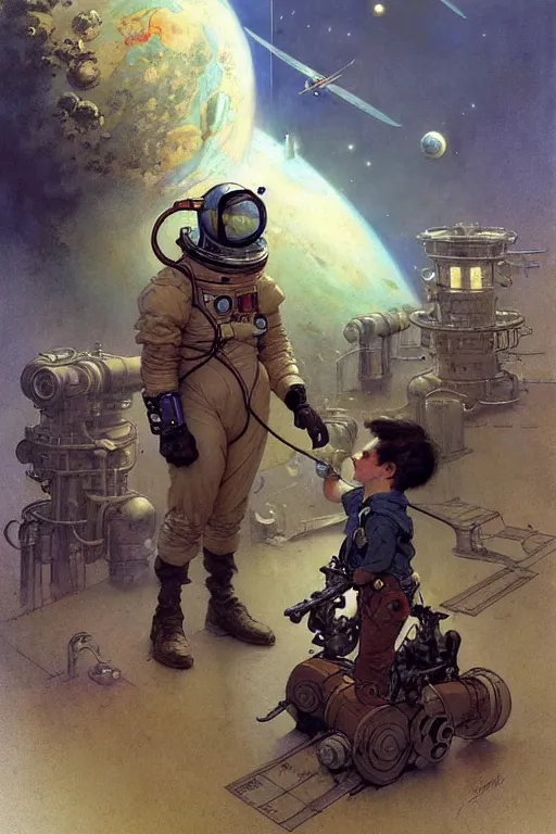 Image similar to childrens book layout ( ( ( ( ( 2 0 5 0 s retro future 1 0 year boy old super scientest in space pirate mechanics costume. muted colors. ) ) ) ) ) by jean - baptiste monge, tom lovell!!!!!!!!!!!!!!!