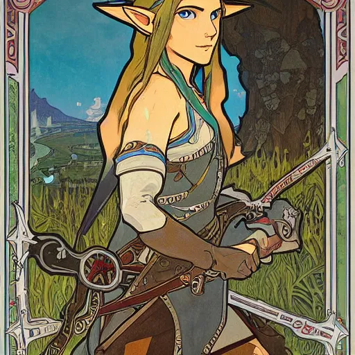 Image similar to a painting of the legend of zelda : breath of the wild by mucha