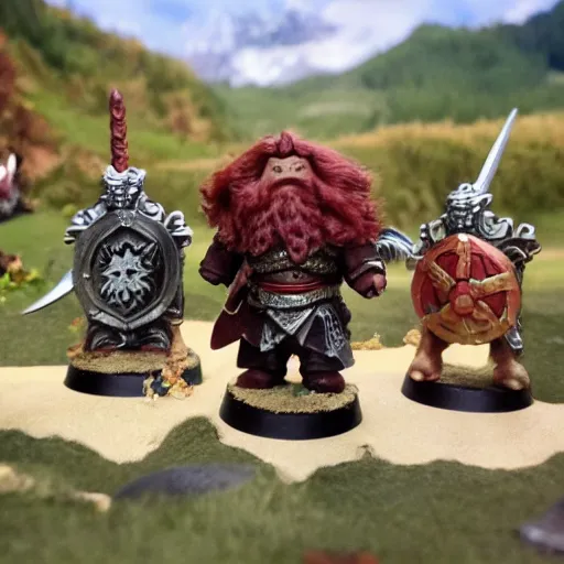 Prompt: A dwarf in battle armor with a red beard an a red shield riding on a dark and uncanny unicorn in the mountains
