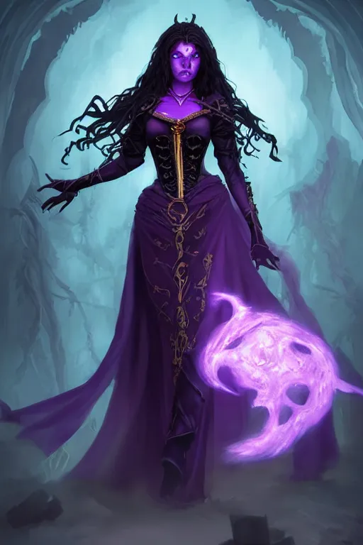 Prompt: Female necromancer, beautiful, entincing, dark purple robes, blue corset, long skirt, dark skin, glowing yellow eyes, violet long hair, high fantasy, heroic character, looking from shoulder, fixed arms, pretty face!, detailed!, spellcasting pose, by greg rutkowski, WLOP, Genzoman and Gary Gygax, trending on Artstation artstationHD, artstationHQ, cgsociety, 8K HD