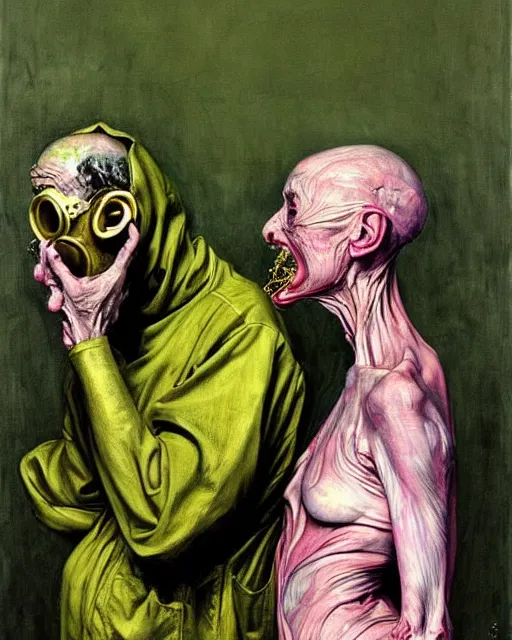 Image similar to two skinny old people with extra limbs, wearing gas masks and robes of gold, green and pink, during a biohazard apocalypse, cinematic, dystopian, eerie, horror, gothic, highly detailed painting by Jenny Saville, Esao Andrews, Francis Bacon, !!!Edward Hopper!!! surrealism, art by Takato Yamamoto and !, !!James Jean!!!