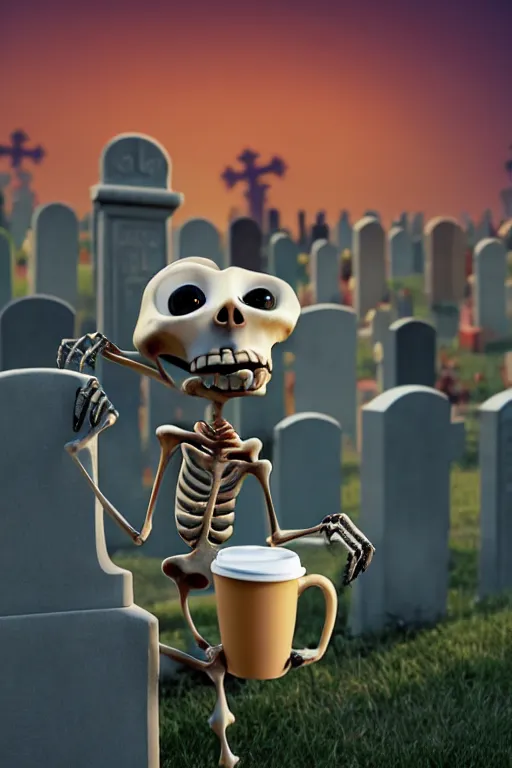 Image similar to a funny skeleton character with big eyes holding a cup of coffee on a cemetery at night. pixar disney 4 k 3 d render funny animation movie oscar winning trending on artstation and behance. ratatouille style.