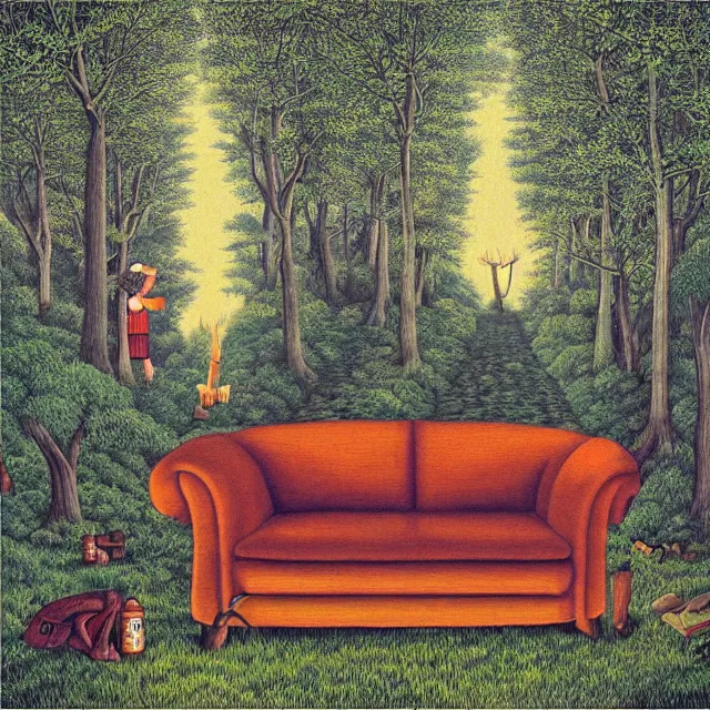 Prompt: a couch in the forest by rob gonsalves