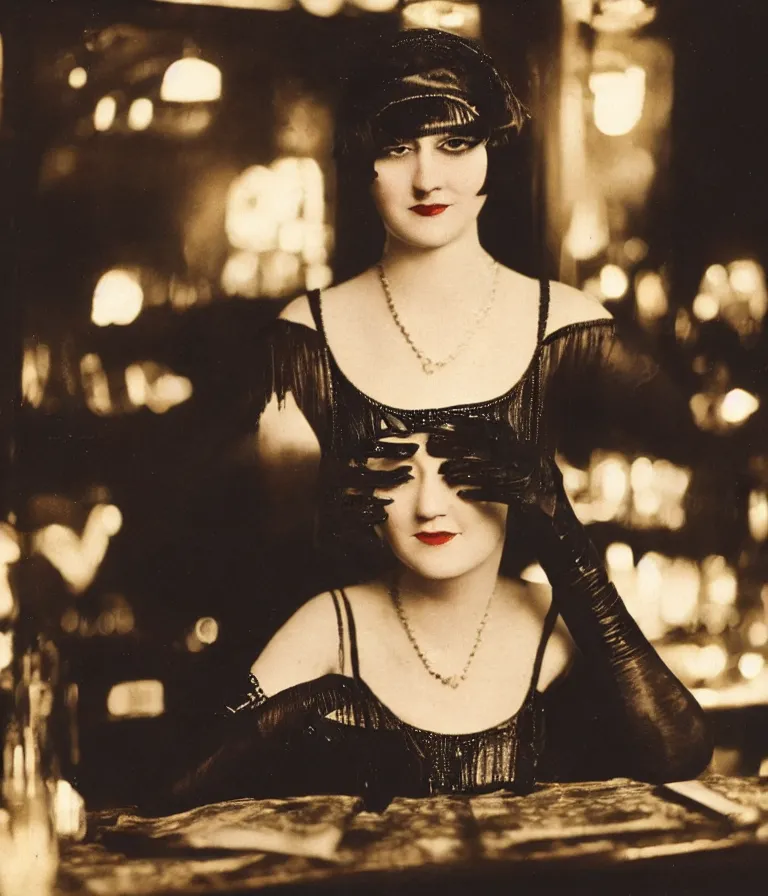 Prompt: close - up antique grainy colored photo of a 1 9 2 0 s short - haired flapper woman in black satin gloves sitting at a table and smirking seductively at the camera, in a crowded dimly lit speakeasy bar, jazz age, cohesive, 5 0 mm photography, precise, cinematic, low - lighting, photography
