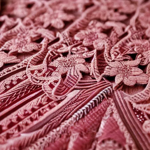 Image similar to close up photograph of smocked fabric, intricate smocking pattern, fabric manipulation, intricate detailing, beading