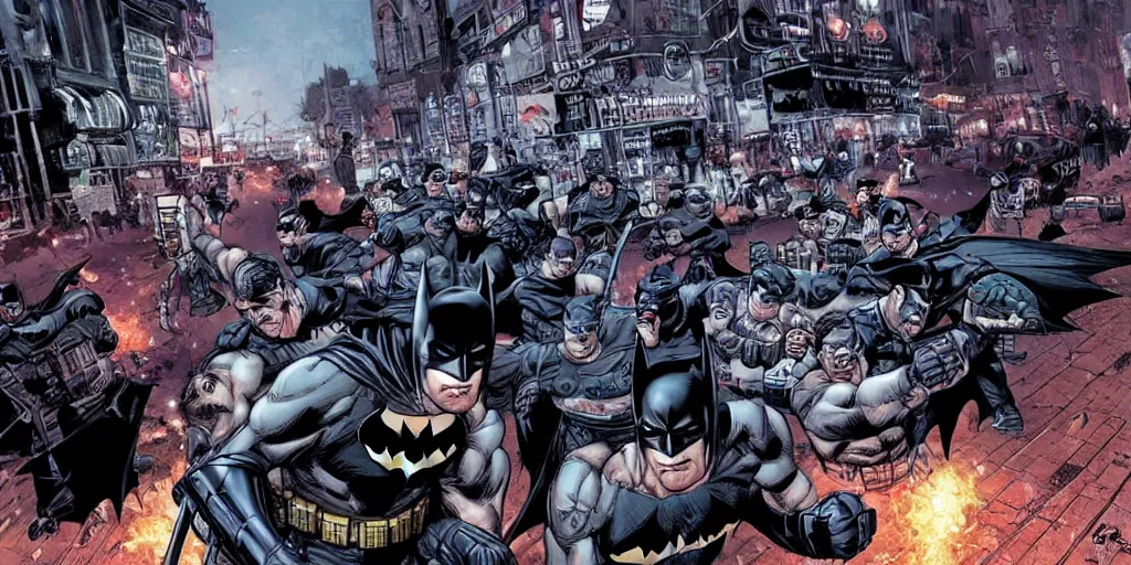 Prompt: Batman fighting mall-cops. Epic painting by James Gurney and Laurie Greasley.