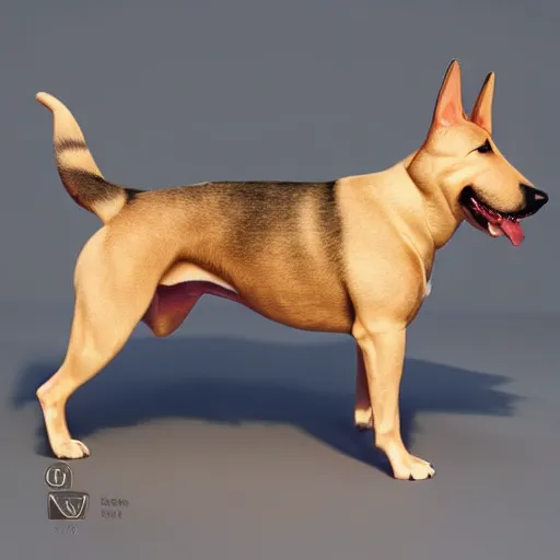 Image similar to 3 d model of a bullterrier and german shepherd mixed breed dog, octane render, raytraced