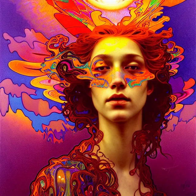 Prompt: psychedelic transcendent young face mind bending psychedelic wings of glossy liquid honey flowing like kaleidoscopic translucent holograph, lsd feathers, honey wind, enlightenment, high contrast dappled lighting, refracted sunset, highly detailed, concept art, art by collier, albert aublet, krenz cushart, artem demura, alphonse mucha