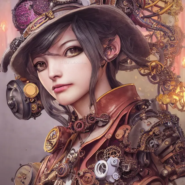 Image similar to the portrait of true neutral semi - colorful female steampunk mechanist as absurdly beautiful, gorgeous, elegant, young gravure idol, an ultrafine hyperdetailed illustration by kim jung gi, irakli nadar, intricate linework, bright colors, octopath traveler, final fantasy, unreal engine 5 highly rendered, global illumination, radiant light, detailed and intricate environment