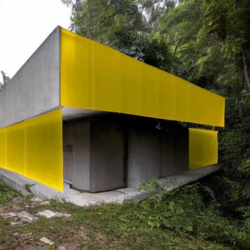 Image similar to exterior shot of a brutalist concrete house with translucent yellow mesh tarps in a dense jungle