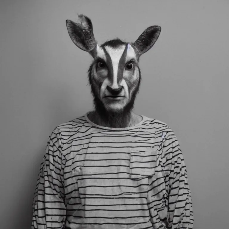 Image similar to deer headed man, striped prison clothing, old jail mugshot