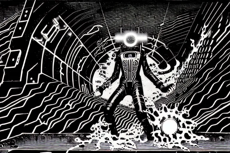 Prompt: a true hero, sinking, wrapped in black, clutching a hopespark blaster in the drifting voids. Fantasy Tron sci-fi illustration, vibrant neon inks painting, by Edvard Junjiito Picasso and Gustave Dore and Carl Critchlow