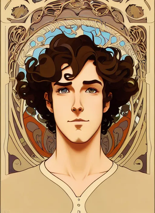 Image similar to art nouveau portrait of a handsome young man with curly medium length light brown hair, brown eyes, aloof, t - shirt, natural lighting, path traced, highly detailed, high quality, cartoon, digital painting, by don bluth and ross tran and studio ghibli and alphonse mucha