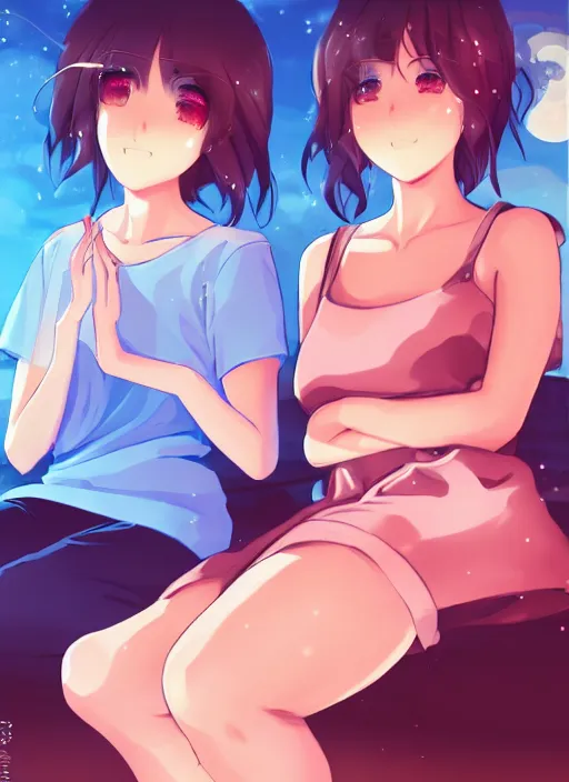 Prompt: two beautiful mothers sitting on a hot summer evening, gorgeous faces, thick lines, cinematic lighting, detailed anime art