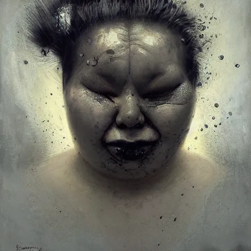 Prompt: portrait of the face of big fat old sumoringer as despair from sandman, venus of willendorf, by jeremy mann, by gregory crewdson, by bastien lecouffe deharme, by russ mills, sad face, topknot, black hair, mourning, black eyes, white room, soft lightning, high detailed, 8 k