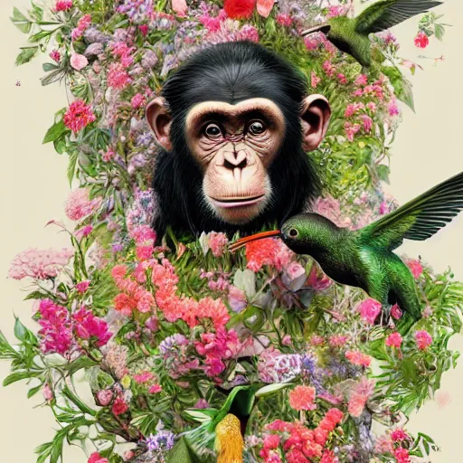 Image similar to beautiful young female chimpanzee surrounded by hummingbirds and fine floral ornaments, eye - level medium - angle shot, intricate, floral background, by esao andrews, by m. w. kaluta, by yoshita amano, intricate, symmetrical, natural lighting, smooth, 3 d octane render, depth perception, 4 k,, artstation