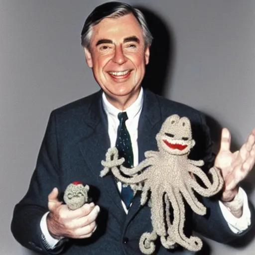 Image similar to mr. rogers proudly displaying a smaller mr. rogers made of octopus, color 1 9 7 0 s photo