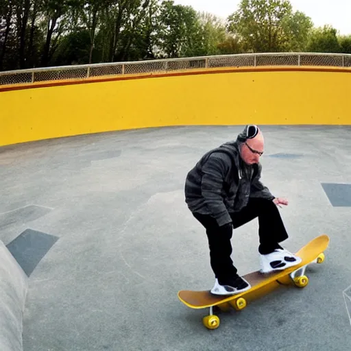 Prompt: Walter White doing skate tricks at the park