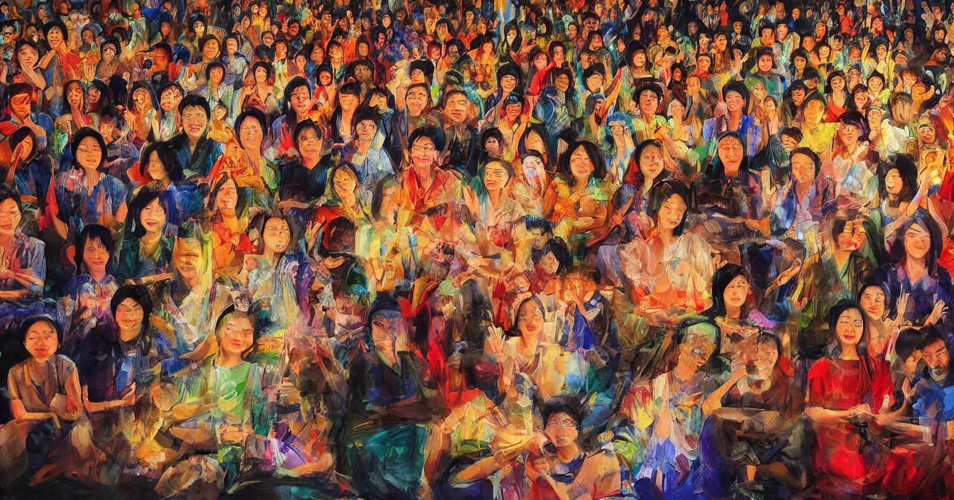 Image similar to human spirits sit in the cinema and watch very deeply the light of consciousness projecting their lives on the big wide screen, realistic image full of sense of spirituality, life meaning, meaining of physical reality, happy atmosphere, by YONG ZHANG