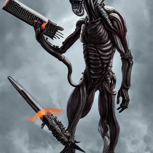 Image similar to Xenomorph holding a fire sword, 8K, realistic digital art