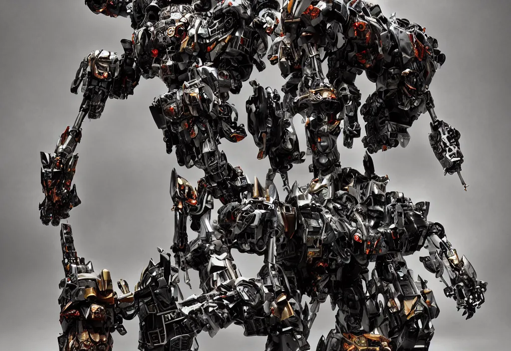 Image similar to giant mech, in the style of kow yokoyama, mecha, made of polychrome plaster stucco, covered in black shiny metallic paint, middle eastern details, cracked, chiaroscuro lighting, gyokugan, dirty, faceted style patterns, realistic, highly detailed, photography, high contrast, masterpiece, octane render,