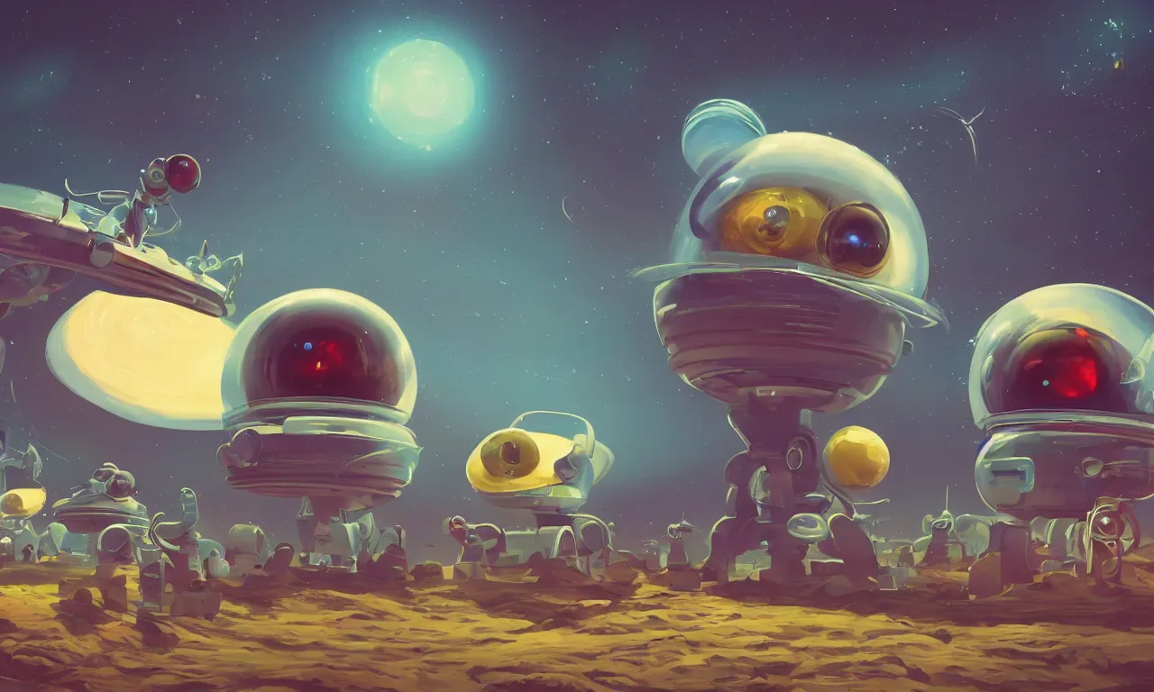 Prompt: 2 cute robot aliens inside a 1950s retro flying saucer observing planet earth, vivid colors, high details, cinematic, 8k resolution, beautiful detailed, photorealistic, digital painting, artstation, concept art, smooth, sharp focus, illustration, fantasy background, artstation trending, octane render, unreal engine