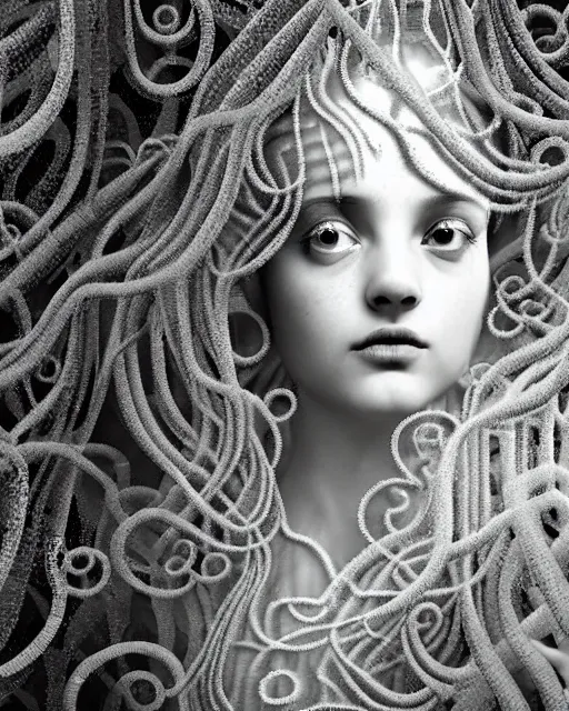 Image similar to surreal mythical dreamy underwater artistic black and white photo of a translucent beautiful young female angelic - medusa - vegetal - doll covered with fish scales, highly detailed, intricate crystal ivy jelly fish scales ornate, poetic, translucent algae ornate, digital art, octane render, 8 k artistic photography, photo - realistic, by dora maar in the style of gustave dore
