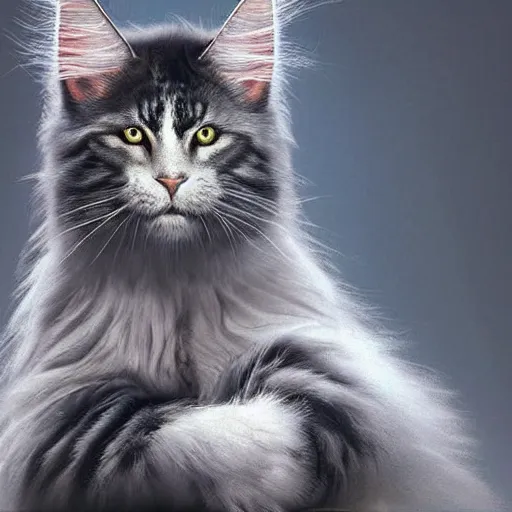 Image similar to a big magnificent dark gray maine coon mix cat with white belly, white paws and white face markings with long fur and fluffy tail, sitting, soft lighting, peaceful, science fiction, award-winning, cinematic lighting, insanely detailed, very realistic, Artstation, Cgsociety, by Simon Stalenhag, directed by Denis Villeneuve, filmic