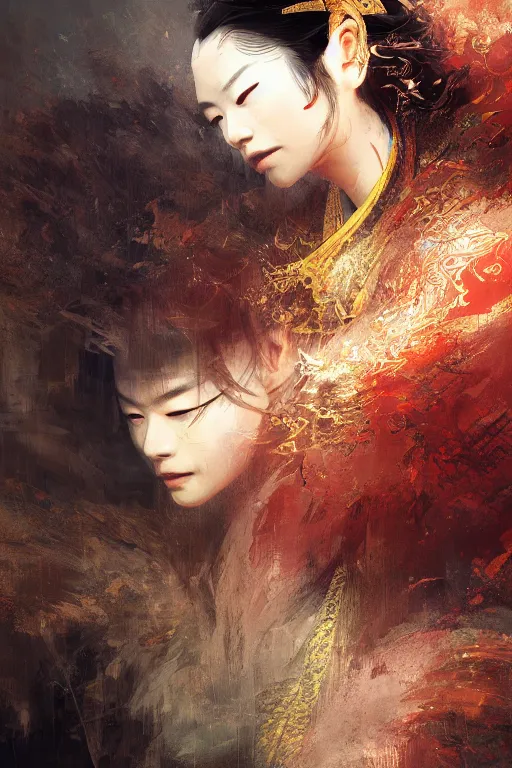 Image similar to Japanese god, portrait, powerfull, intricate, elegant, volumetric lighting, scenery, digital painting, highly detailed, artstation, sharp focus, illustration, concept art, ruan jia, steve mccurry