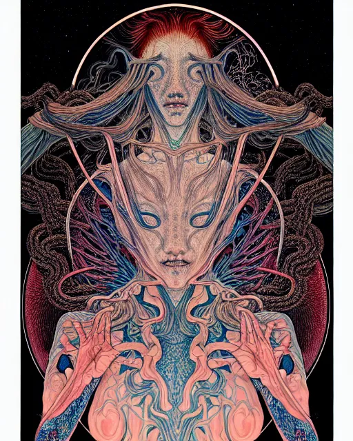 Image similar to human spirit breaking away from the body, conjuring psychedelic background, part by takato yamamoto, part by alex gray, ross tran, james jean, ultra realistic, highly detailed, 8 k, trending on artstation, cosmos, symmetry