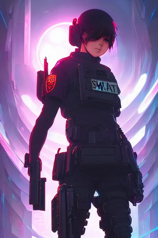 Image similar to anime key visual of a young female swat officer, neon, cyberpunk, futuristic, stunning, highly detailed, digital painting, smooth, soft focus, illustration, movie poster, japanese typography, digital art from artstation by artgerm and greg rutkowski and alphonse mucha