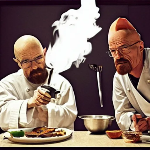 Prompt: walter white and jesus cooking together in a restaurant