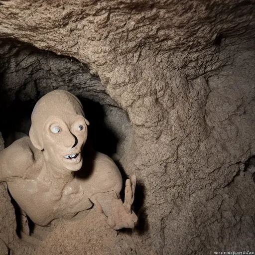 Prompt: found footage of a humanoid made of grayish clay emerging from a wall inside of a cave made of grayish clay, creepy, flash photography, unsettling, moist