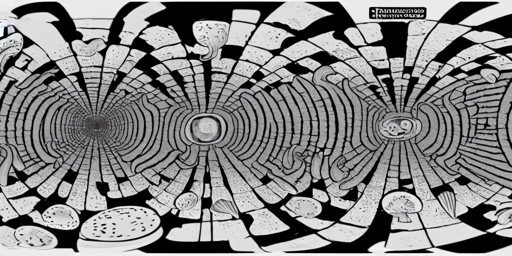 Image similar to 360 degree equirectangular black and white greyscale depth matte, anthropomorphic family of mushrooms, family portrait, Art Deco nature, mystical fantasy, Pixar cute character design, intricate art deco mushroom patterns, elegant, sharp focus, 360 degree equirectangular panorama, art by Artgerm and beeple and Greg Rutkowski and WLOP, 360 monoscopic equirectangular