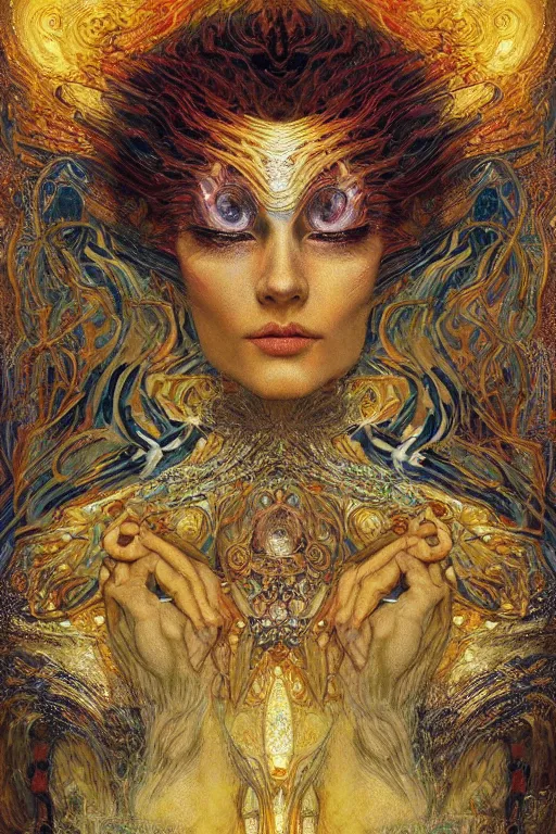 Image similar to Divine Chaos Engine by Karol Bak, Jean Deville, Gustav Klimt, and Vincent Van Gogh, beautiful visionary mystical portrait, sacred, otherworldly, fractal structures, ornate gilded medieval icon, third eye, spirals