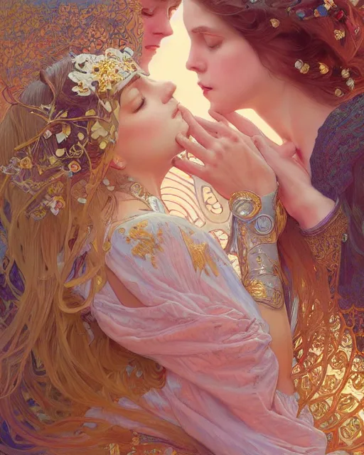 Prompt: the kiss | highly detailed | high coherence!! | very intricate | art nouveau | gold filigree | romantic storybook fantasy | soft cinematic lighting | award - winning | painted by mandy jurgens and alphonse mucha and alena aenami | pastel color palette | featured on artstation